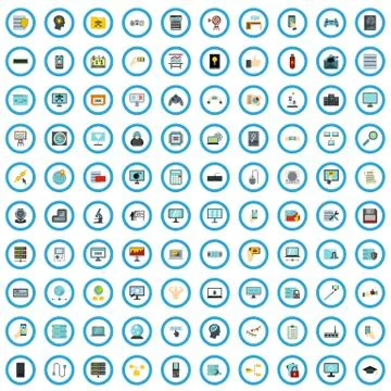 100 computer review icons set, flat style 库存插图