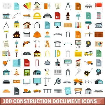 100 construction document icons set, flat style Stock Illustration