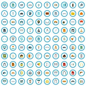 100 construction document icons set, flat style Stock Illustration
