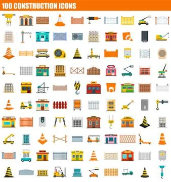 100 construction icon set, flat style Stock Illustration