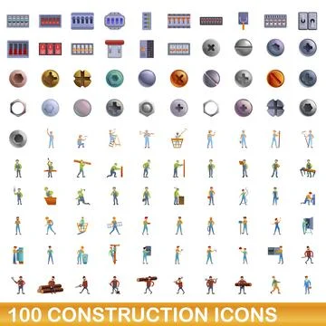 100 construction icons set, cartoon style Stock Illustration