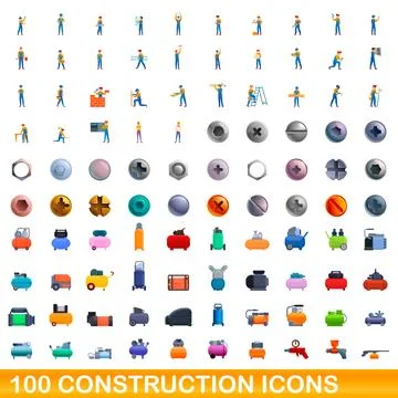 100 construction icons set, cartoon style Stock Illustration