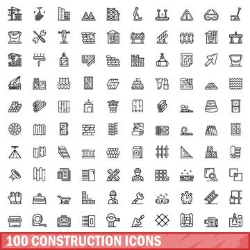 100 construction icons set, outline style Stock Illustration