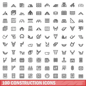 100 construction icons set, outline style Stock Illustration