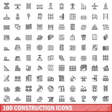 100 construction icons set, outline style Stock Illustration