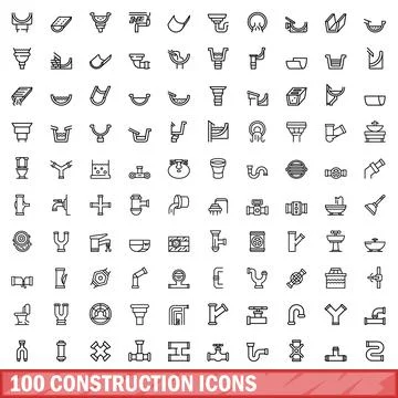 100 construction icons set, outline style Stock Illustration