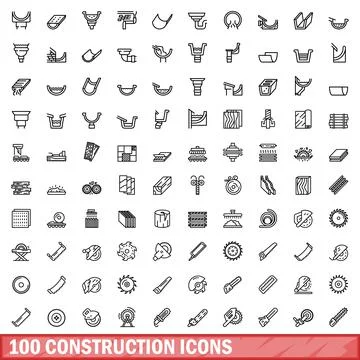 100 construction icons set, outline style Stock Illustration