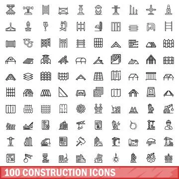 100 construction icons set, outline style Stock Illustration