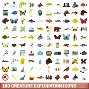 100 creature exploration icons set, flat style Stock Illustration