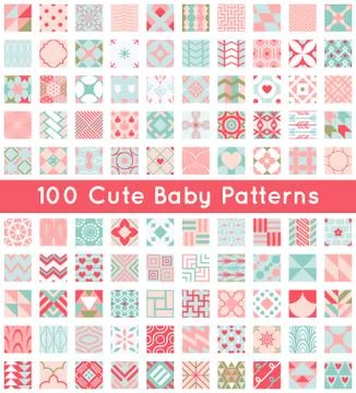100 Cute baby seamless pattern. Retro pink, white and blue color Stock Illustration