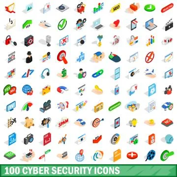 100 cyber security icons set, isometric 3d style Stock-Illustration