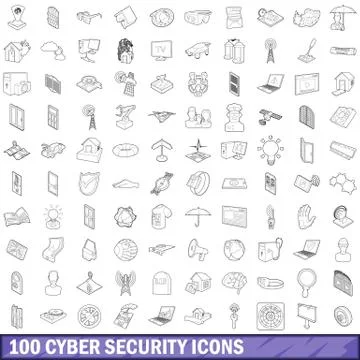 100 cyber security icons set, outline style Illustrazione stock