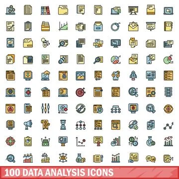 100 data analysis icons set, color line style Stock Illustration