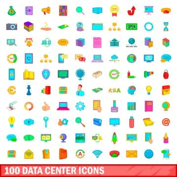 100 data center icons set, cartoon style Stock Illustration