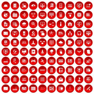100 database and cloud icons set red Stockillustratie