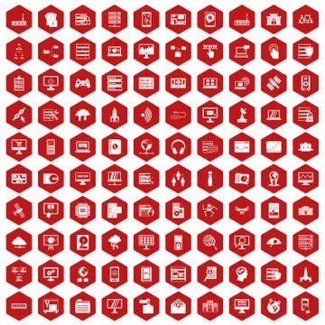 100 database and cloud icons hexagon red イラスト素材