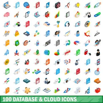 100 database and cloud icons set, isometric style Stock Illustration