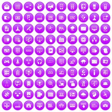 100 database and cloud icons set purple Stockillustratie