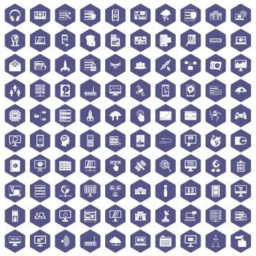 100 database and cloud icons hexagon purple Stockillustratie