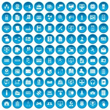 100 database icons set blue Stock Illustration