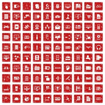 100 database icons set grunge red Stock Illustration