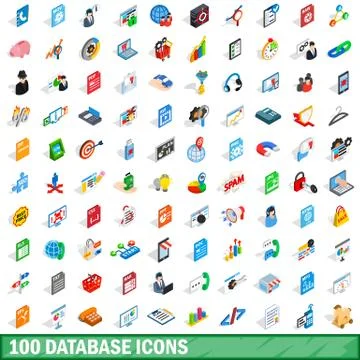 100 database icons set, isometric 3d style Stock Illustration