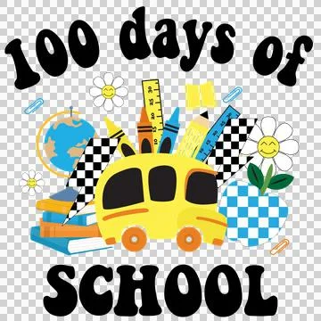 100 Days Of School Text supplies globe apple Stock Illustration