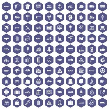 100 delivery icons hexagon purple Stock Illustration