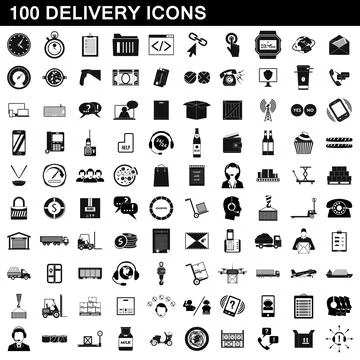 100 delivery icons set, simple style Stockillustratie
