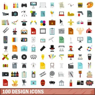 100 design icons set, flat style 库存插图