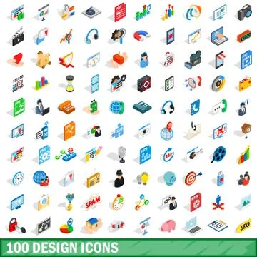 100 design icons set, isometric 3d style Stock Illustration