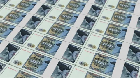 100 DEUTSCHE MARK GERMANY banknotes printing by a money press 스톡 동영상 238454822