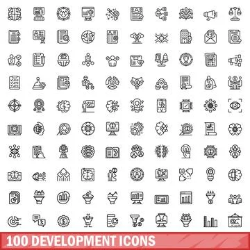 100 development icons set, outline style Stock Illustration