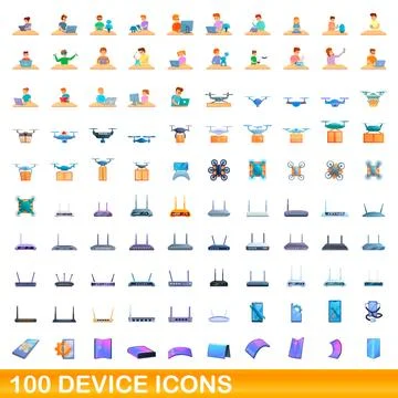 100 device icons set, cartoon style Stock Illustration