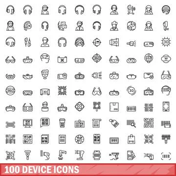 100 device icons set, outline style Stock-Illustration