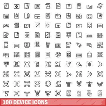 100 device icons set, outline style Stock-Illustration