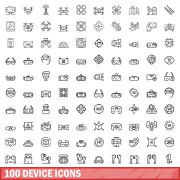 100 device icons set, outline style Stock Illustration