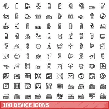 100 device icons set, outline style Stock Illustration