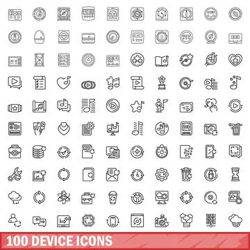 100 device icons set, outline style Illustrazione stock