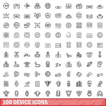 100 device icons set, outline style Illustrazione stock
