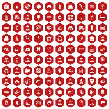 100 different professions icons hexagon red Illustrazione stock