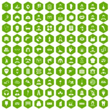 100 different professions icons hexagon green Illustrazione stock