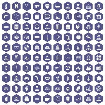 100 different professions icons hexagon purple Illustrazione stock