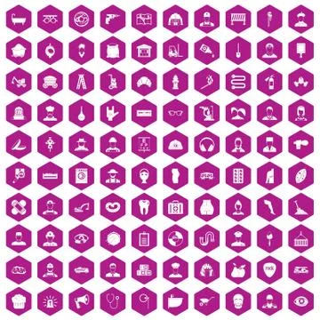 100 different professions icons hexagon violet Illustrazione stock