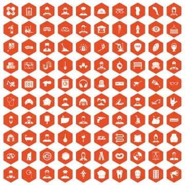 100 different professions icons hexagon orange Illustrazione stock
