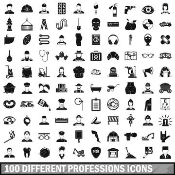 100 different professions icons set, simple style Illustrazione stock