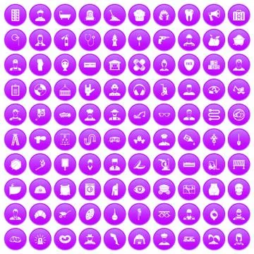 100 different professions icons set purple Illustrazione stock