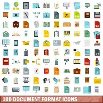 100 document format icons set, flat style Stock Illustration