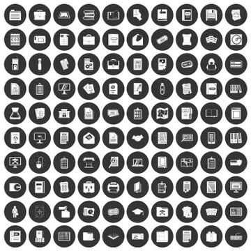 100 document icons set black circle Stock Illustration