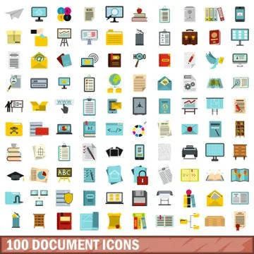100 document icons set, flat style Illustrazione stock